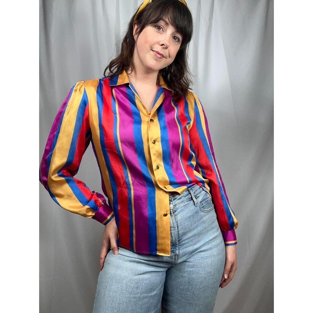 Vintage 70s Retro Mod Striped Button Up Top Sz 10 Colorblock Ruffled Shoulders